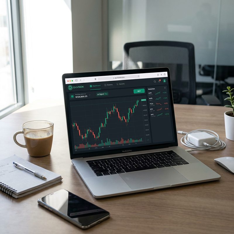 The Duvnok dashboard on a laptop showing a candlestick chart, portfolio balance and an asset watchlist