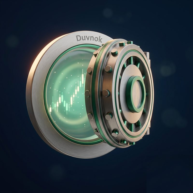 A sealed digital vault bearing the Duvnok name, a rising emerald chart glowing inside it