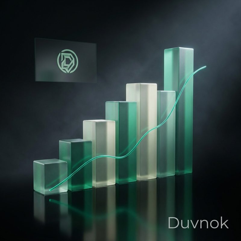 Ascending glass columns crossed by a glowing emerald curve on a dark ground, with the Duvnok mark alongside